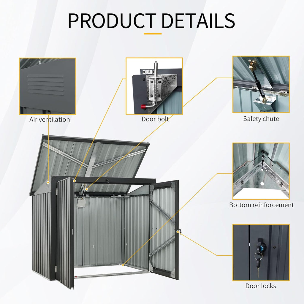 62' Grey Metal Outdoor Storage Shed with Sloped Roof, Lockable Tool Shed for Trash Cans, Garden Tools, Firewood, or Pet House, Waterproof, Galvanized Steel (Black)