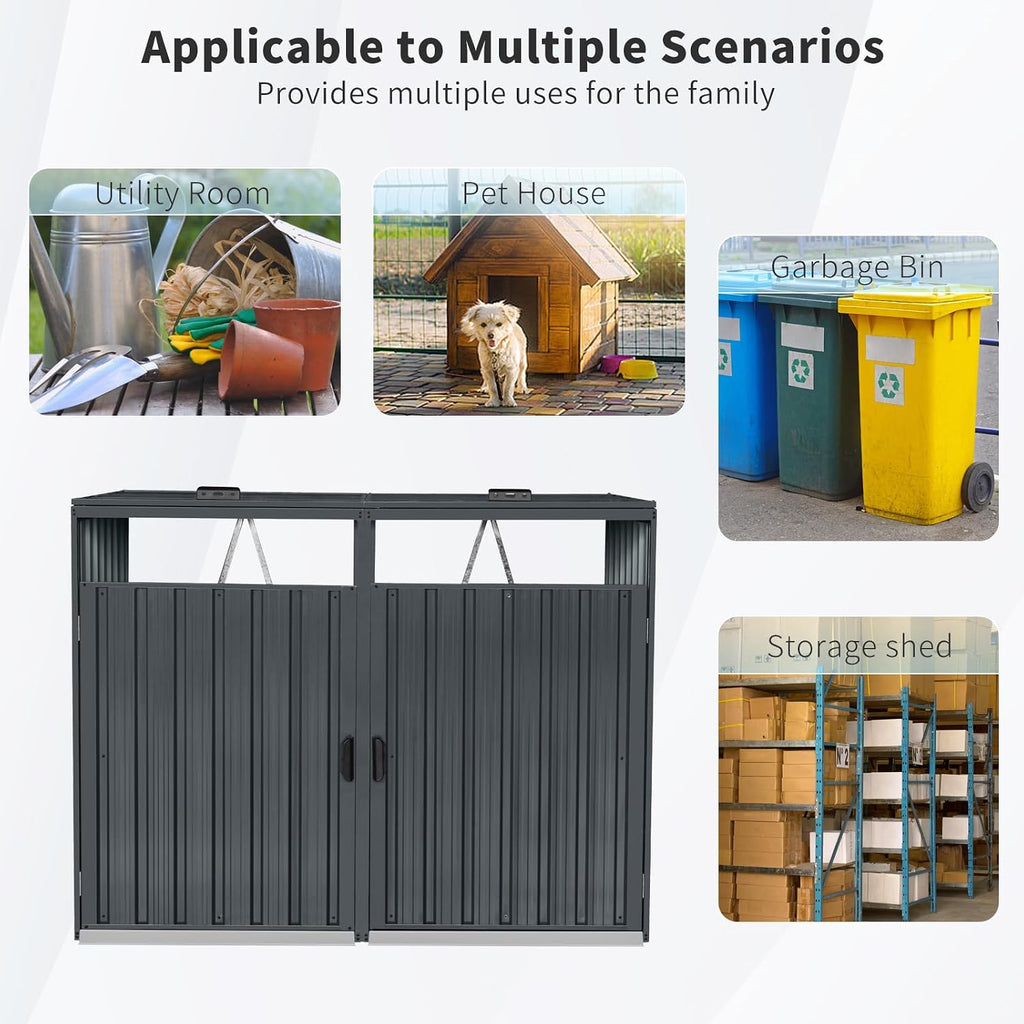 Outdoor Garbage Bin Storage Shed Galvanized Steel Outdoor for 2 Trash cans with Lockable Doors Metal Storage Shed for Garden Yard Lawn (Black-2)
