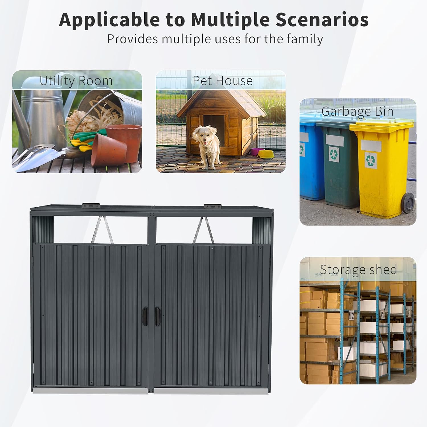 Outdoor Garbage Bin Storage Shed Galvanized Steel Outdoor for 2 Trash cans with Lockable Doors Metal Storage Shed for Garden Yard Lawn (Black-2)