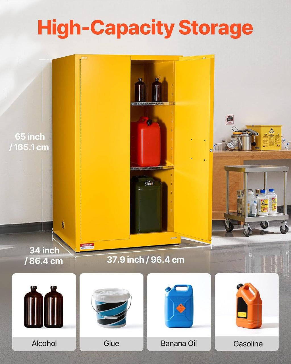 VEVOR Flammable Cabinet 34' x 38' x 65', 65 Gallon Flammable Storage Cabinet with Adjustable Shelf, Cold-Rolled and Galvanized Steel Fire Cabinets, for Commercial Industrial Home Use, Yellow