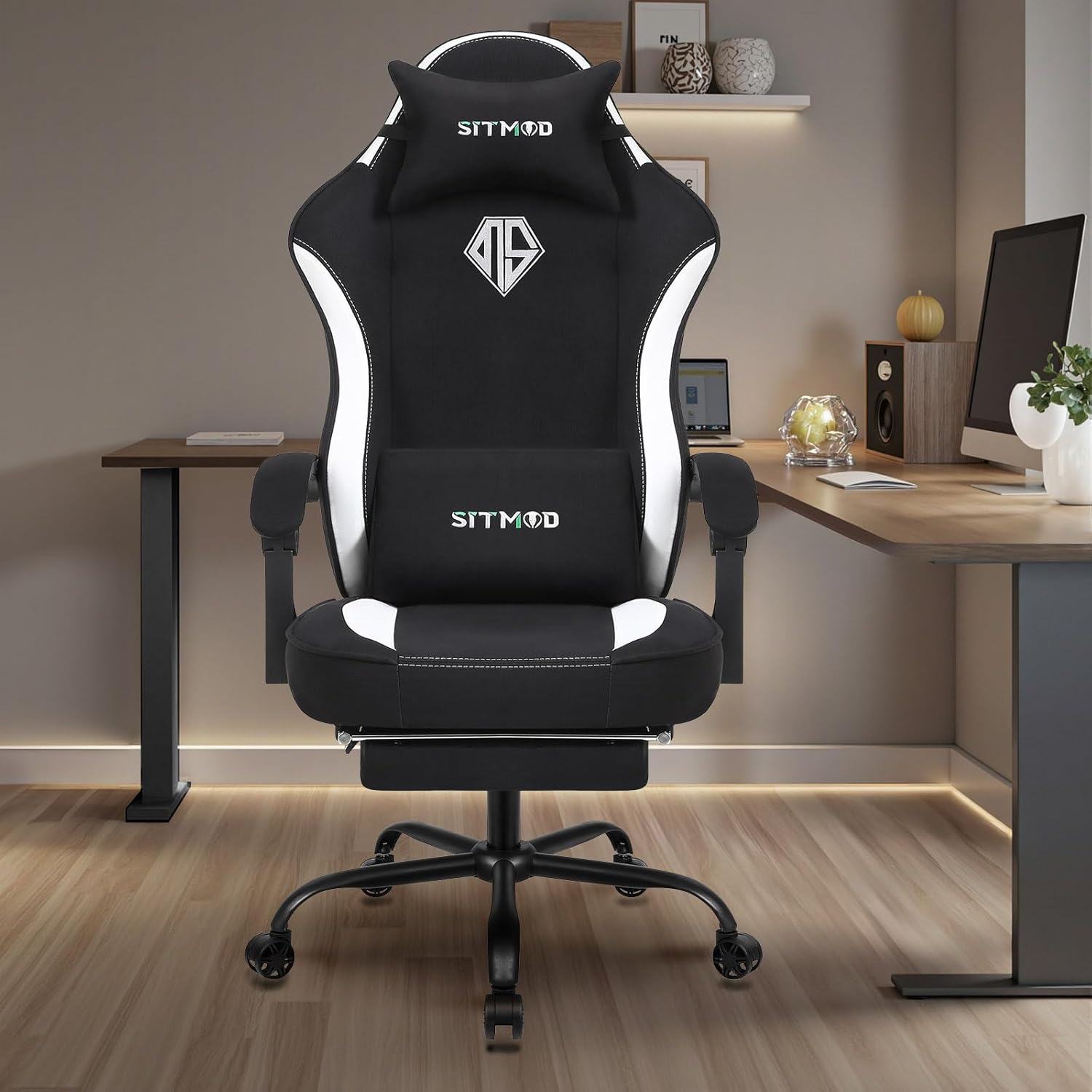 SITMOD Breathable Fabric Gaming Chair, 350lbs Heavy Duty Computer Office Chair with Pocket Spring Cushion, Wide Seat Ergonomic Gamer Chair with Footrest for Big and Tall, Reclining High White