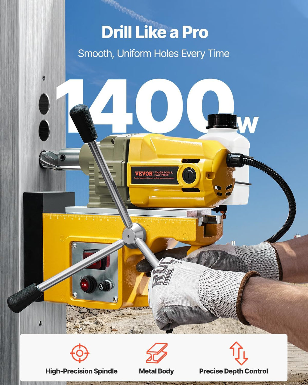VEVOR Magnetic Drill, 1400W Motor 1.6 in Boring Diameter, 2810 lbf Portable Electric Mag Drill Press, with 11 Coring Bits, 800 RPM Speed, Drilling Machine for Metal Surface, Home Improvement Industry
