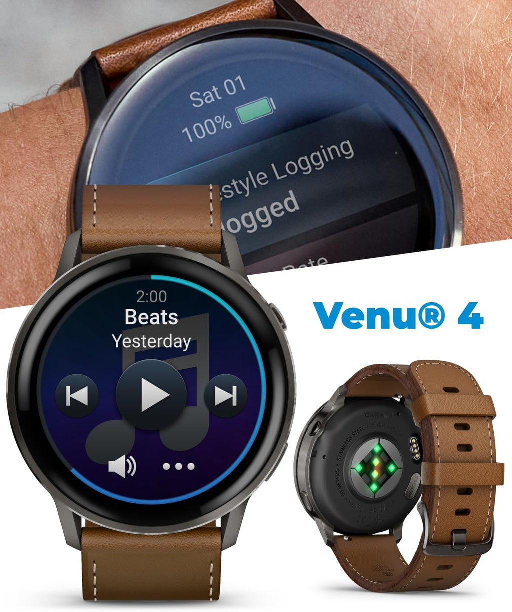 Garmin Venu 4 45mm AMOLED Advanced Health & Fitness GPS Smartwatch, Colorful Display, Flashlight, Up to 12 Days Slate w/Black Silicone & Brown Leather Bands w/Wearable4U Black Earbuds Bundle