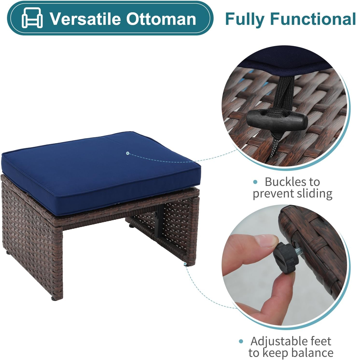 OC Orange-Casual 6 Piece Patio Wicker Furniture Set, Balcony All Weather Rattan Chair, with Space Saving Ottoman, Resin Nesting Coffee Table, Modern Design, Blue