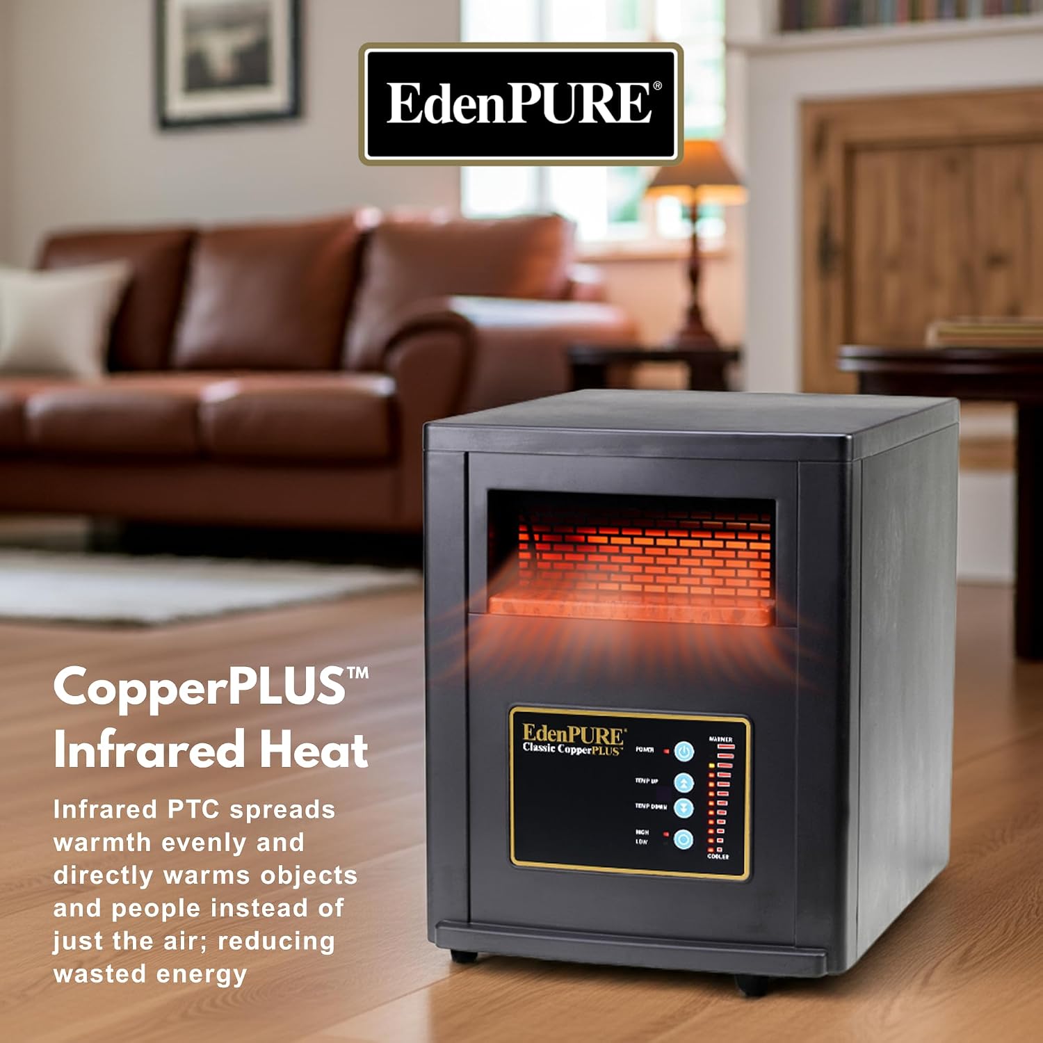 EdenPURE Classic CopperPLUS Infrared Heater — 1500 W Energy-Efficient Zone Heater for Large Rooms up to 1000 sq ft — Quiet Operation, Cool-Touch Safety, Portable Comfort for Home, Bedroom or Office