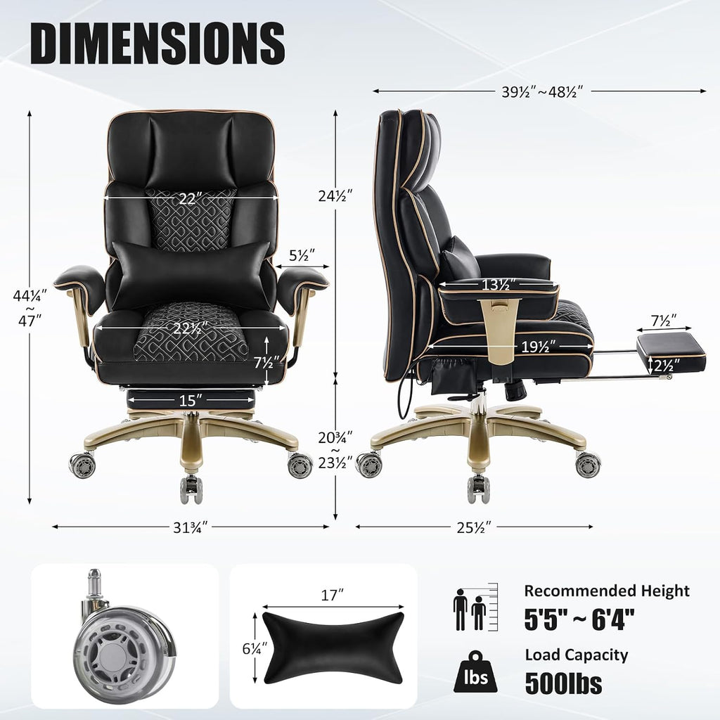 Big Tall Executive Office Chair 500lbs, Comfortable PU Leather Desk Chair with Footrest Adjustable Air Back Support, Lumbar Massage Function, 360°Swivel, Tilt Recline,Height Adjustment,Black