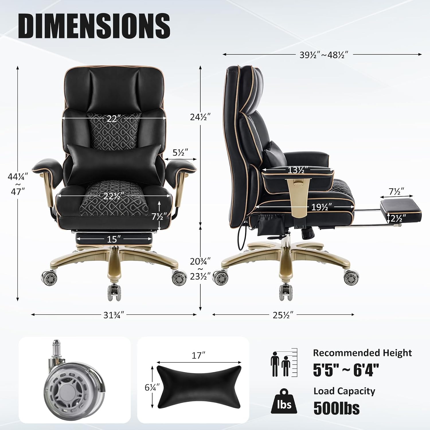 Big Tall Executive Office Chair 500lbs, Comfortable PU Leather Desk Chair with Footrest Adjustable Air Back Support, Lumbar Massage Function, 360°Swivel, Tilt Recline,Height Adjustment,Black