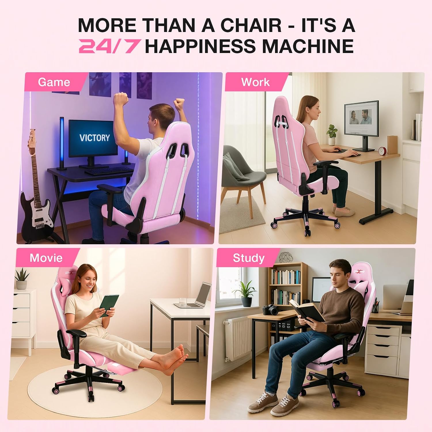 Douxlife 7-Point Massage Gaming Chair with Footrest, 400lbs Heavy Duty Ergonomic Computer Chair, 175° Reclining High Back Racing Seat for Adults with Adjustable Armrests & Lumbar Support, Pink