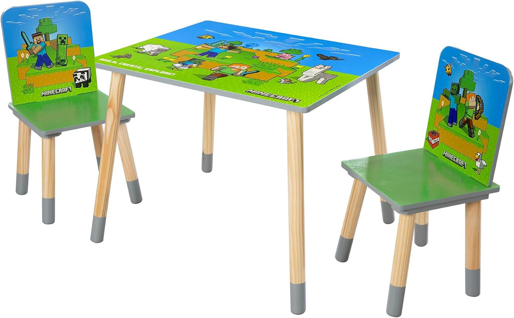Minecraft: Seating Group Set - Table & 2 Chairs - Green & Blue, Kids Wooden Minecraft Set, Outdoor Game Scene Imagery, Children's Room Decor, Licensed