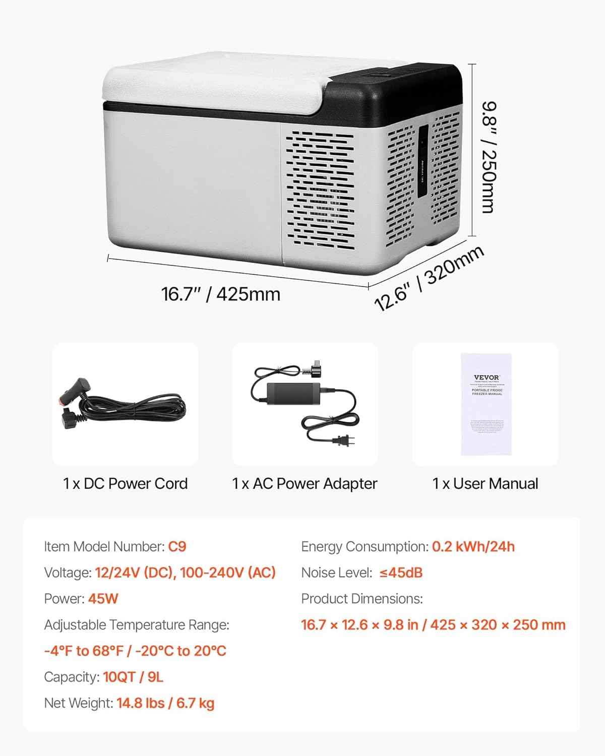 VEVOR 12 Volt Car Refrigerator Fridge, 9 L Single Zone Portable Freezer, -4℉-68℉ Adjustable Range, 12/24V DC and 100-240V AC Compressor Cooler for Outdoor, Camping, RV, Grey