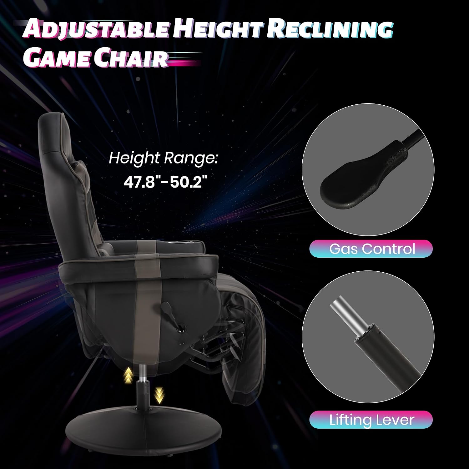 Game Reclining Chair with Adjustable Height, PU Gaming Chair with Massage, Long Footrest and Lumbar Support, High Back Swivel Computer Game Chair for Adult (Gray)