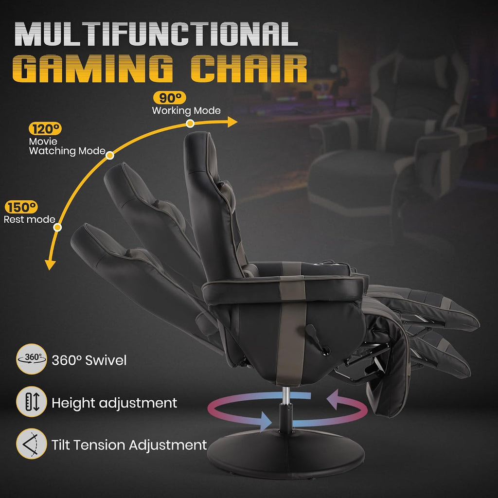 Massage Gaming Recliner Chair with Cup Holder & Side Pockets – Ergonomic PU Leather Video Gaming Chair with Footrest, Manual Recline, Headrest & Lumbar Support for Office or Game Room (Grey)