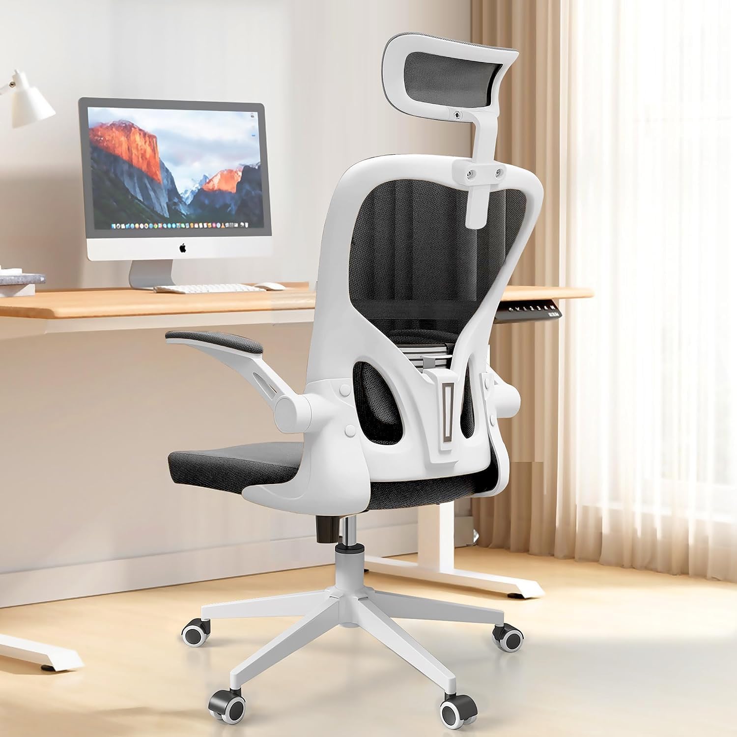 Monhey Ergonomic Office Chair, 90°-125° Tilt Back Home Desk Chair with 360° Swivel & Mute Wheels, High Back Mesh Computer Chair for Adults with Lumbar Support, 330 LBS Capacity (03White+Black)