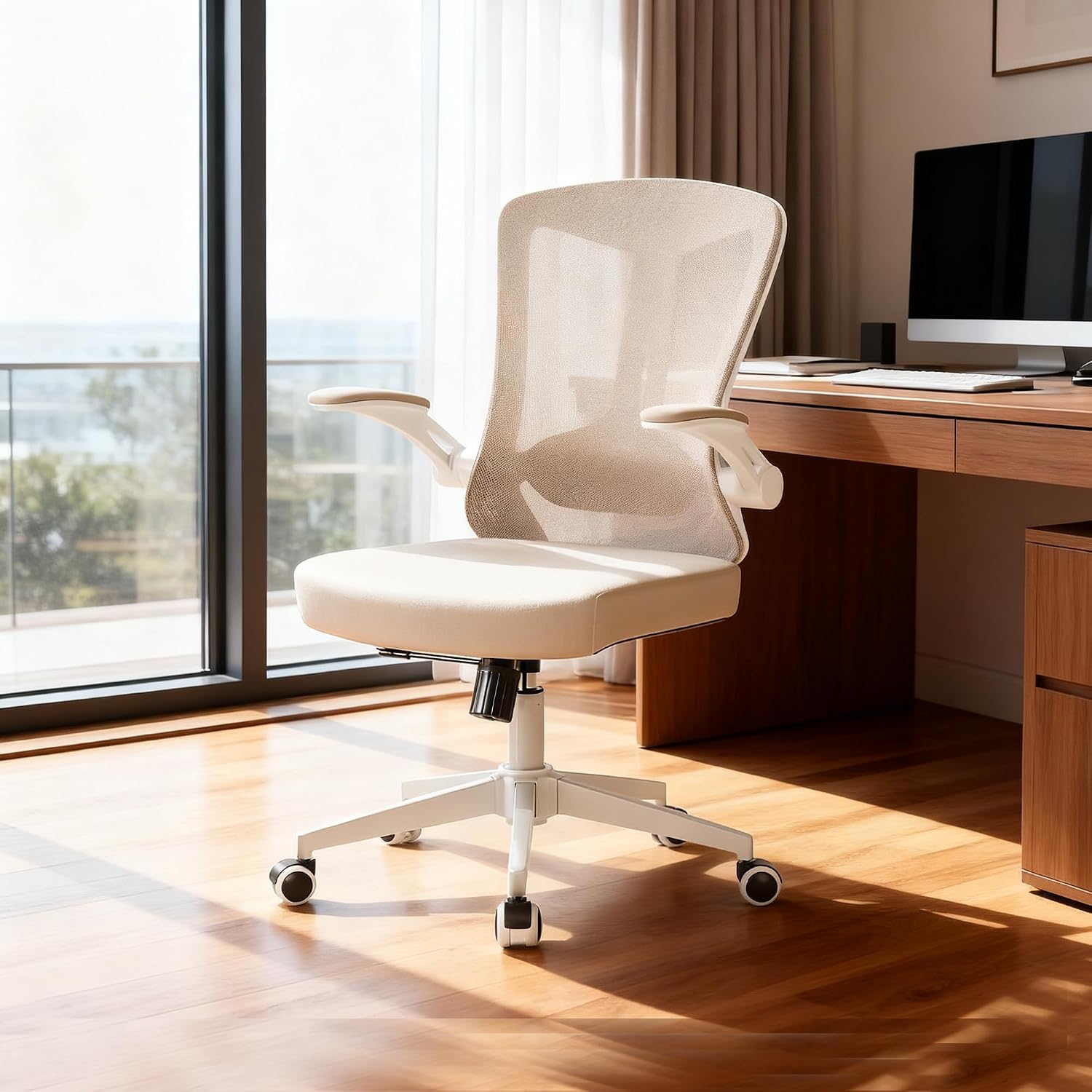Ergonomic Office Chair with Lumbar Support, High Back Mesh Desk Chair with Flip-Up Arms, Adjustable Computer Task Chair, Khaki