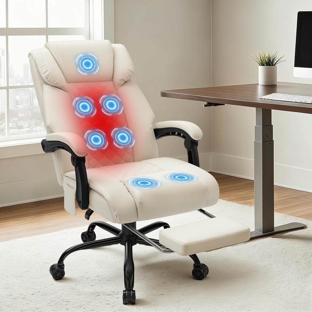 HOFFREE 7 Points Vibration Massage Office Chair with Heat Ergonomic Executive Office Chair with Footrest Reclining Home Office Desk Chairs Beige