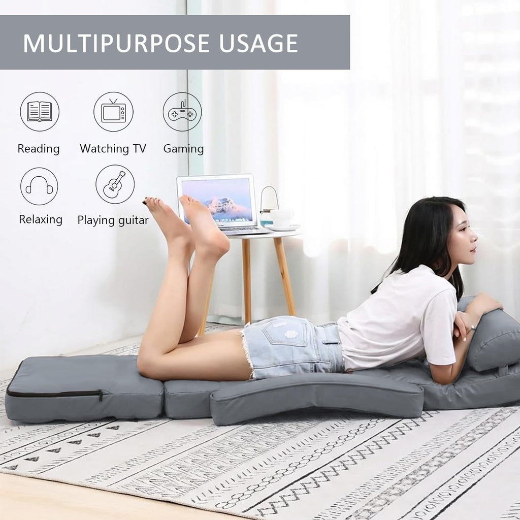 Floor Chair, Floor Gaming Chair with 14 Adjustable Position&Back Support, Folding Lounge Chair with Armrest for Adults, Lazy Sofa Lounger with Comfy Cushion for Living Room,Bedroom,PU,Grey