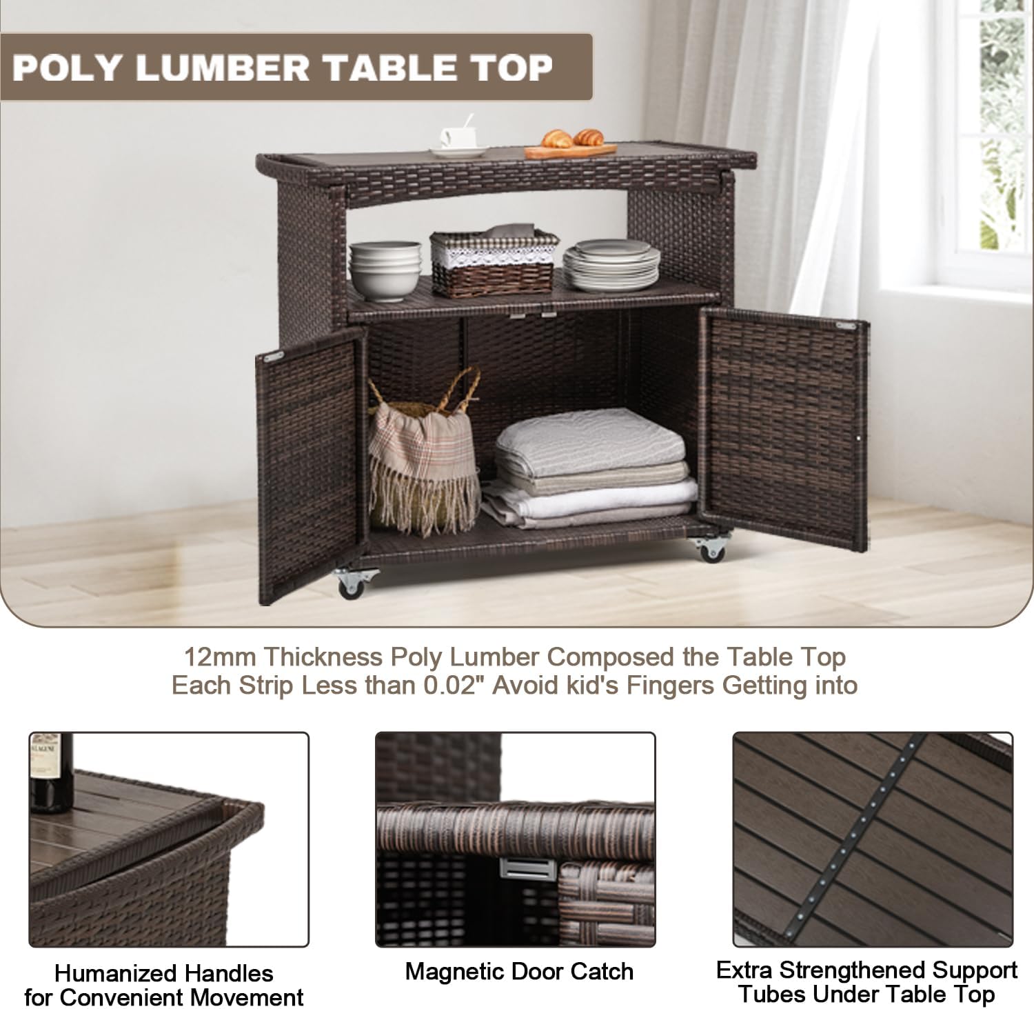 Outdoor Storage Cabinet,Outdoor Cabinet for Patio Bar Cart with Rolling Wheels Patio Bar Table with Storage Wicker Buffet Cabinets prep Table Kitchen Serving Cart with Door,Shelves,Handle Brown