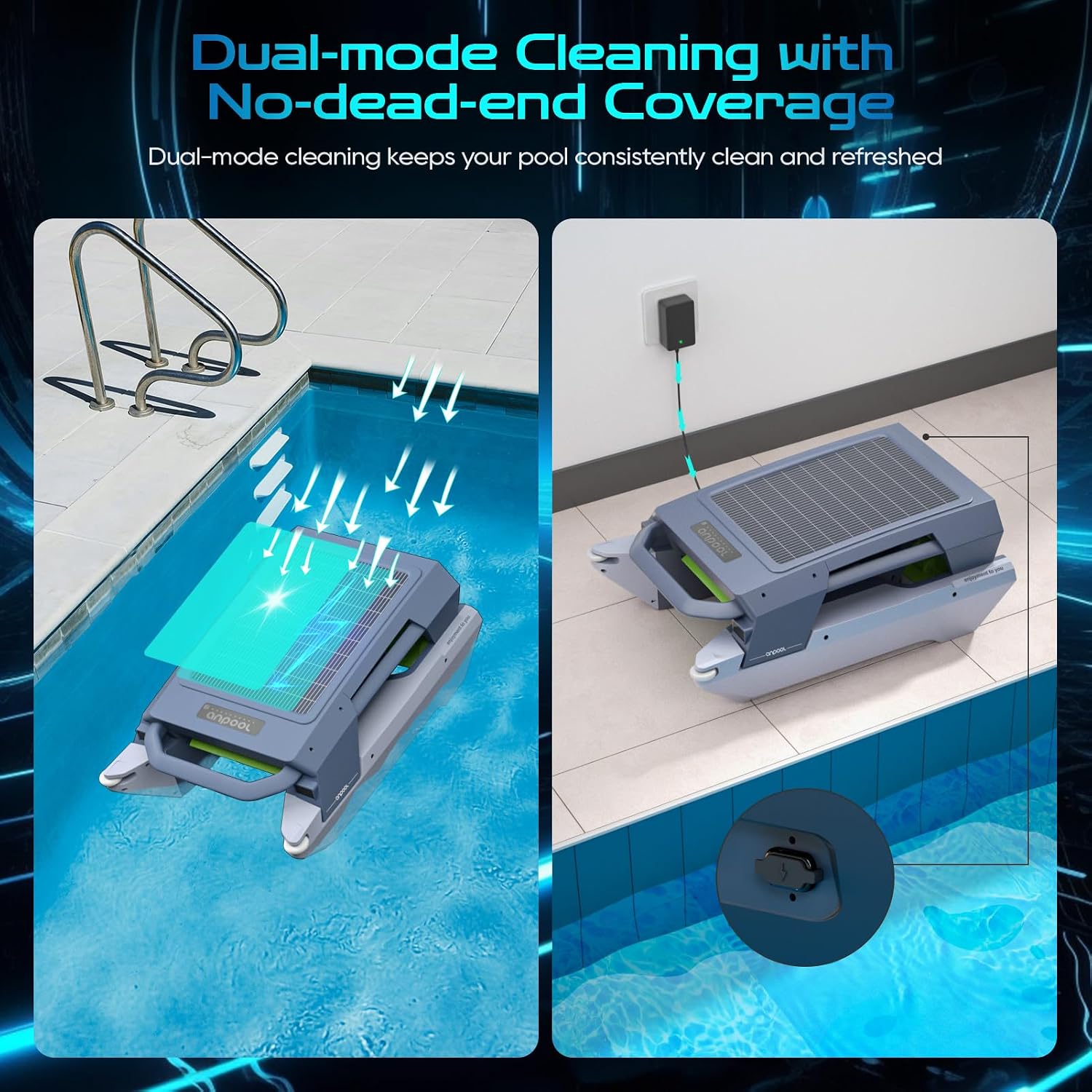 Solar Pool Skimmer Robot, Automatic Robotic Pool Skimmer with Dual Charging, 72H Runtime, One-Touch Start, UV-Resistant, Smart Navigation for Inground & Above Ground Pools