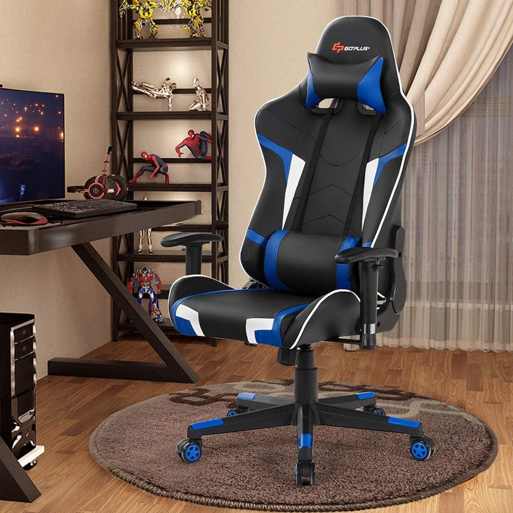 Massage Gaming Chair, High Back Office Computer Chair with Headrest and Lumbar Support, Racing Style Reclining Swiveling Game Chair for Home Office (Blue)