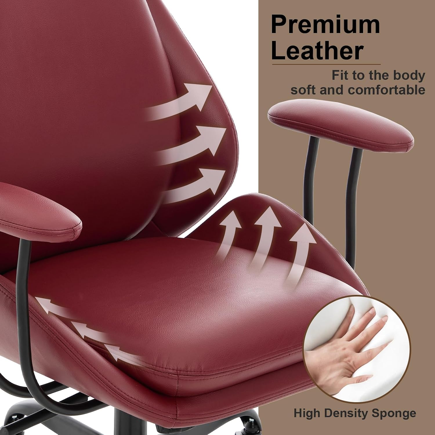 E-Motie Office Chair, Leather Desk Chair with Rubber Wheels, Ergonomic Computer Chair 500 LBS with Lumbar Support, High Back Executive Chair for Modern Home Office, Red