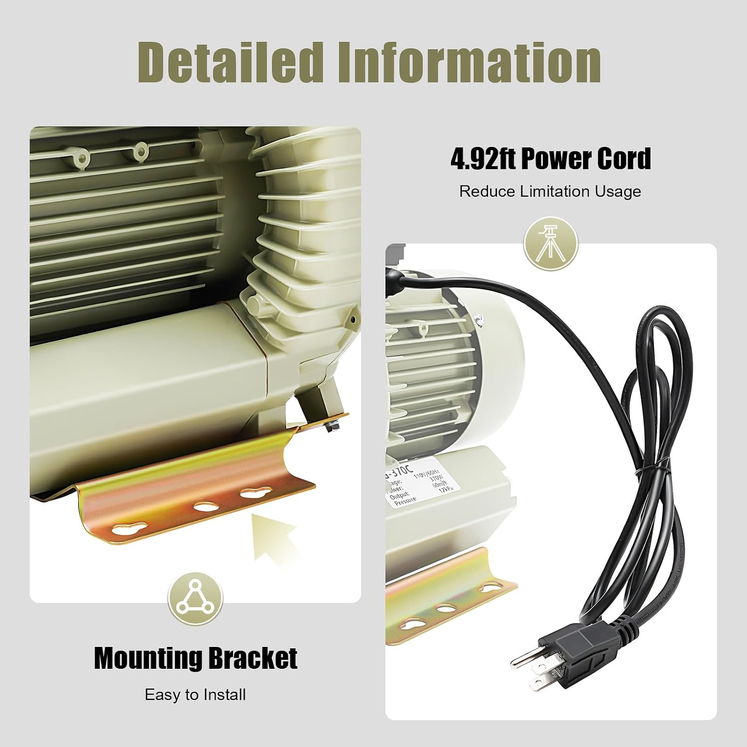 370W Electric Aquarium Air Pump 110V High Pressure Air Pump Blower for Aquaculture Aquarium Pond Fish Tank Output 60m³/H