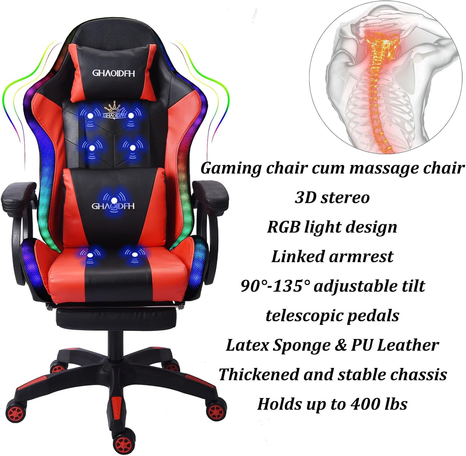 Video Gaming Chair with Speakers and RBG Lights,PC Chair with 7-Point Massage Lumbar Support and Footrest,Office Ergonomic Gaming Chair Adjustable Back and Armrest,Adult Gaming Chair.,Blue