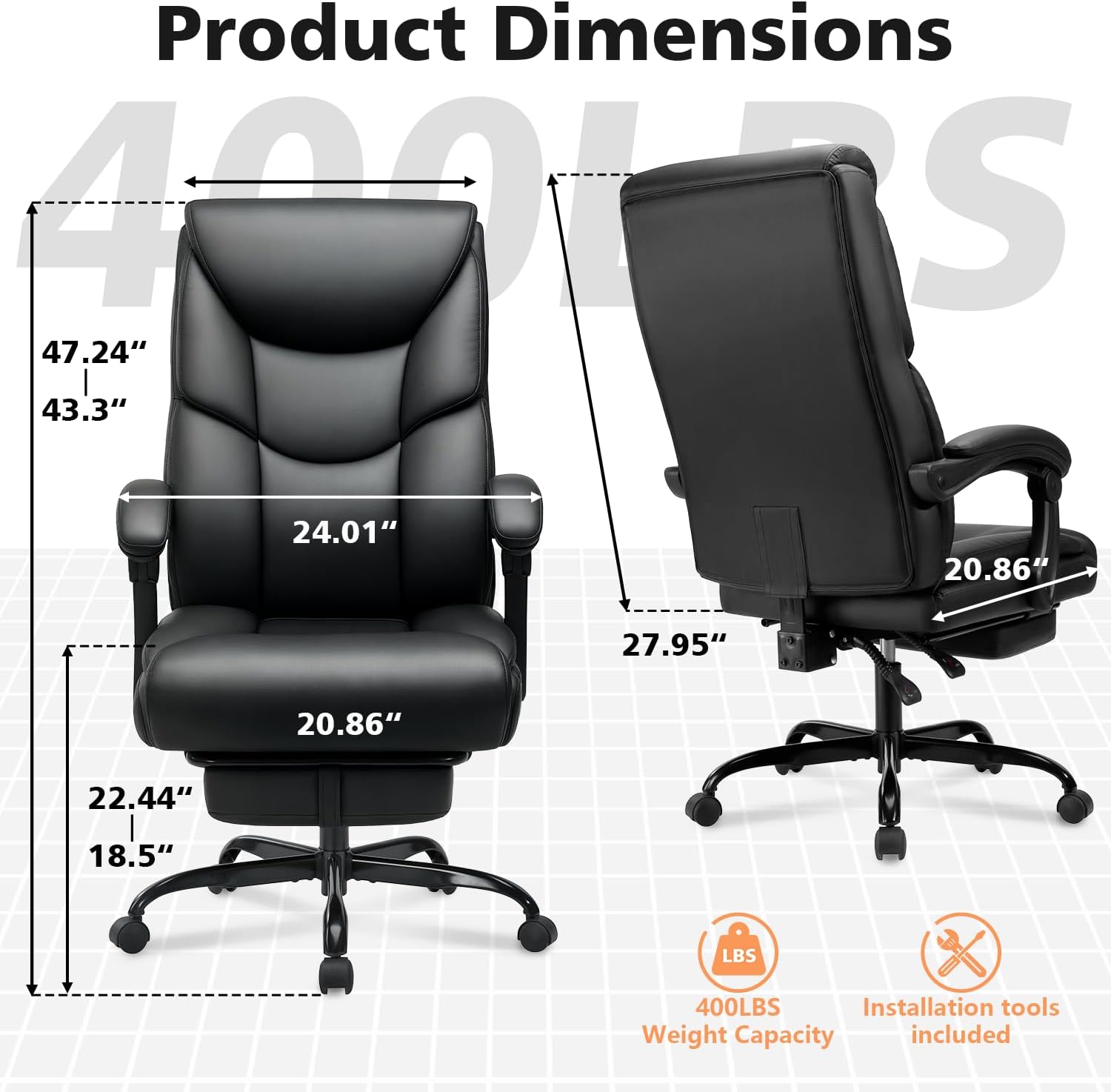 WAILOR 400lbs Office Chair with Foot Rest, Reclining Big and Tall Office Chair with Lumbar Support Spring Cushion, High Back PU Leather Computer Chair,Comfy Desk Chair for Home Office