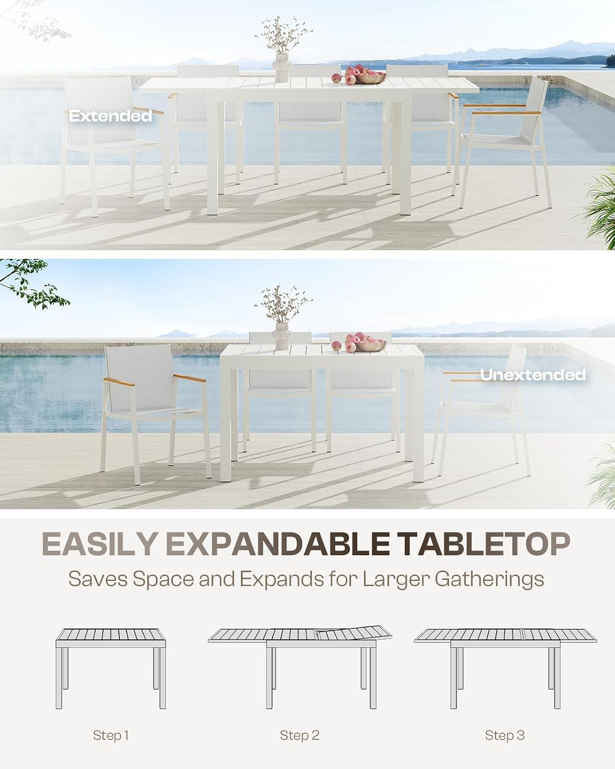 All-Aluminum Expandable Outdoor Patio Dining Table for 4-8 Person, All-Weather Rectangular Outdoor Table(48'-79') with Smooth Cilde Rails & Secure Locking Handle for Garden, Indoor, White