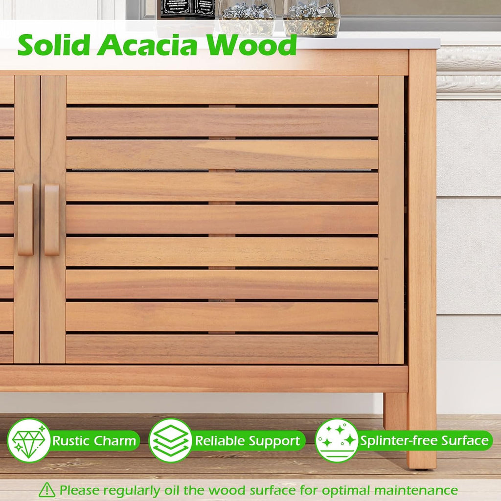 Goplus Patio Storage Cabinet, 2-Door Acacia Wood Console Table with Faux Marble Top, Outdoor Wooden Sideboard for Deck, Garden, Backyard & Entryway