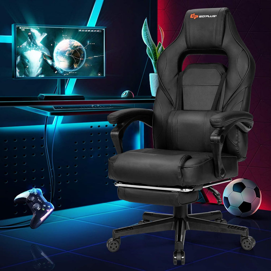 Goplus Massage Gaming Chair, Reclining Backrest, Seat Height Adjustment Racing Computer Office Chair with Footrest, Ergonomic High Back PU Swivel Game Chair (Black)