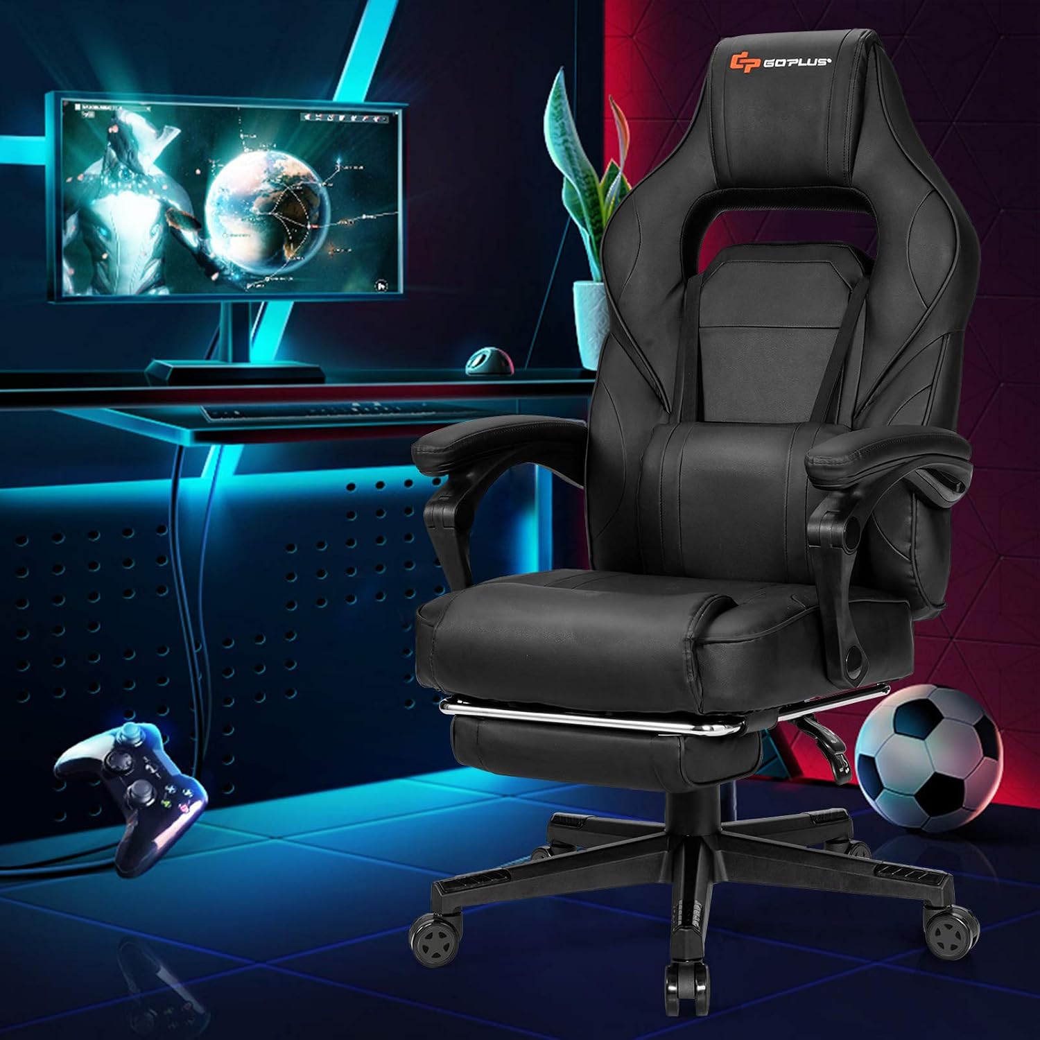 Goplus Massage Gaming Chair, Reclining Backrest, Seat Height Adjustment Racing Computer Office Chair with Footrest, Ergonomic High Back PU Swivel Game Chair (Black)
