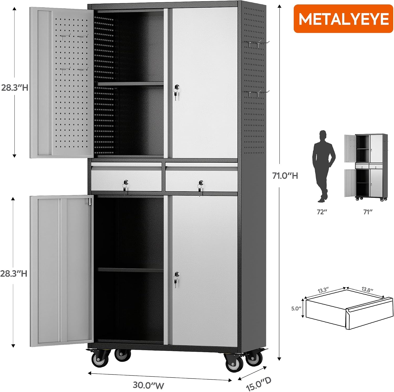 71''H Metal Storage Cabinet with Wheels & Pegboard,Rolling Lockable Tool Cabinet with Adjustable Shelves & 2 Drawer for Garage,Offices,Homes,Pantries Assembly Required