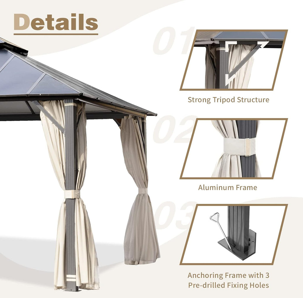 MELLCOM 12x20FT Hardtop Gazebo, Permanent Outdoor Aluminum Patio Gazebo with Aluminum Composite Double Roof for Patio Lawn and Garden, Curtains and Netting Included