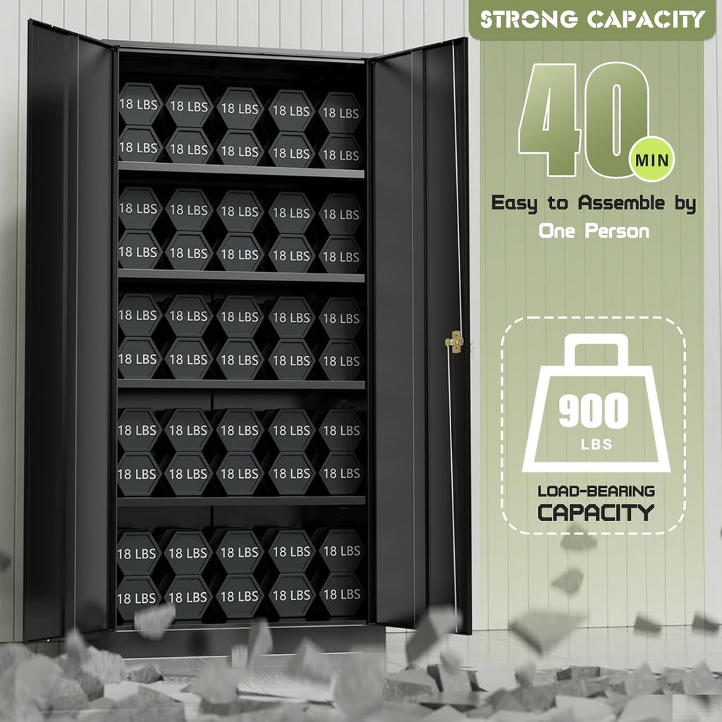 SUNCROWN 72' Metal Storage Cabinet - Heavy-Duty Metal Garage Cabinet with 4 Adjustable Shelves & 2 Doors for Tools, Office, Home, Workshop,Black