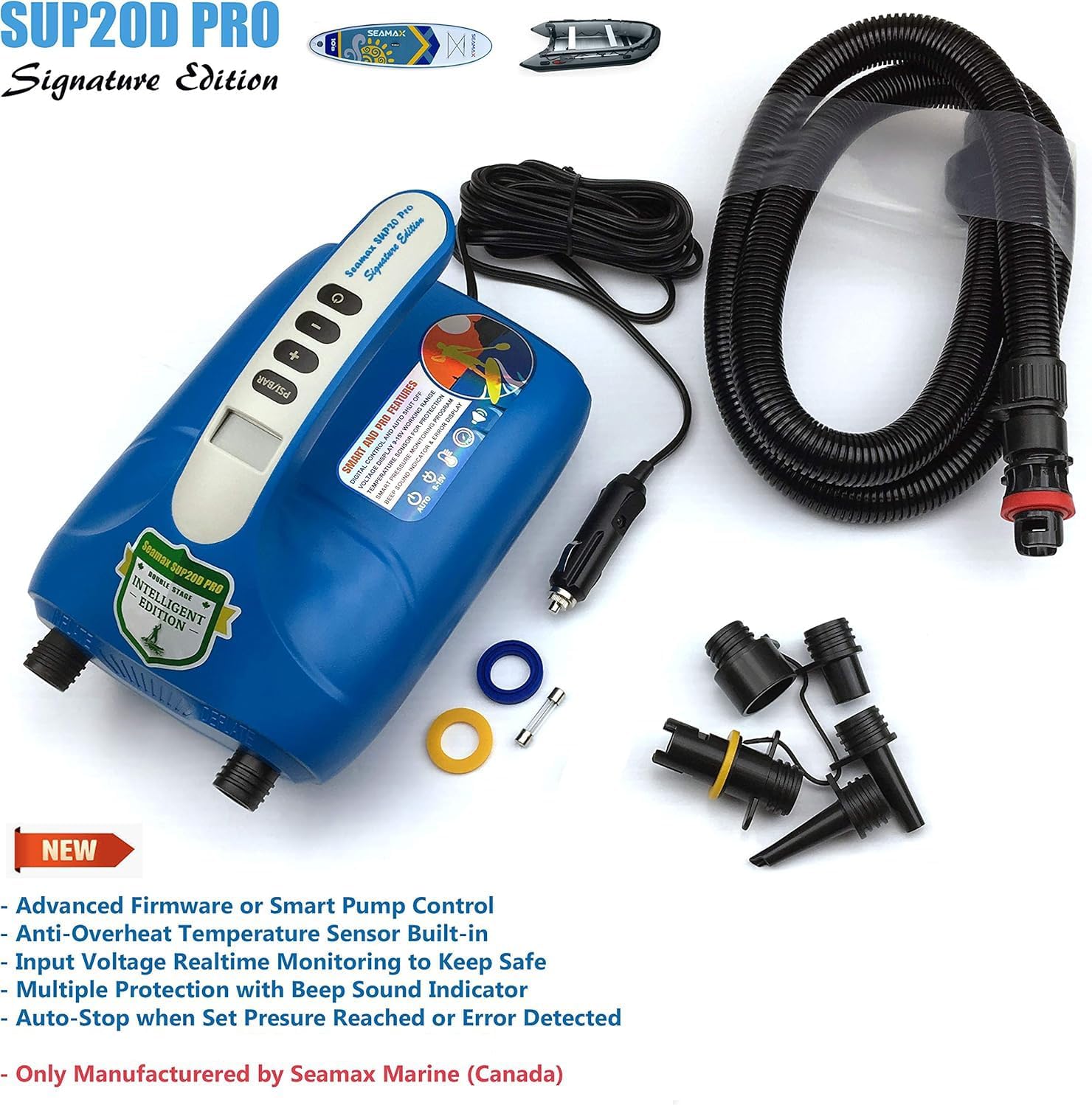 Seamax SUP20D 20PSI Double Stage Electric Air Pump for Inflatable SUP and Boat, New Version Intelligent Firmware with Built-in Temperature Sensor and Voltage Protection