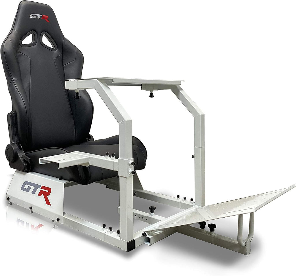 GTR Simulator GTA Model White Frame with Black Adjustable Leatherette Seat Racing Driving Gaming Simulator Cockpit Chair