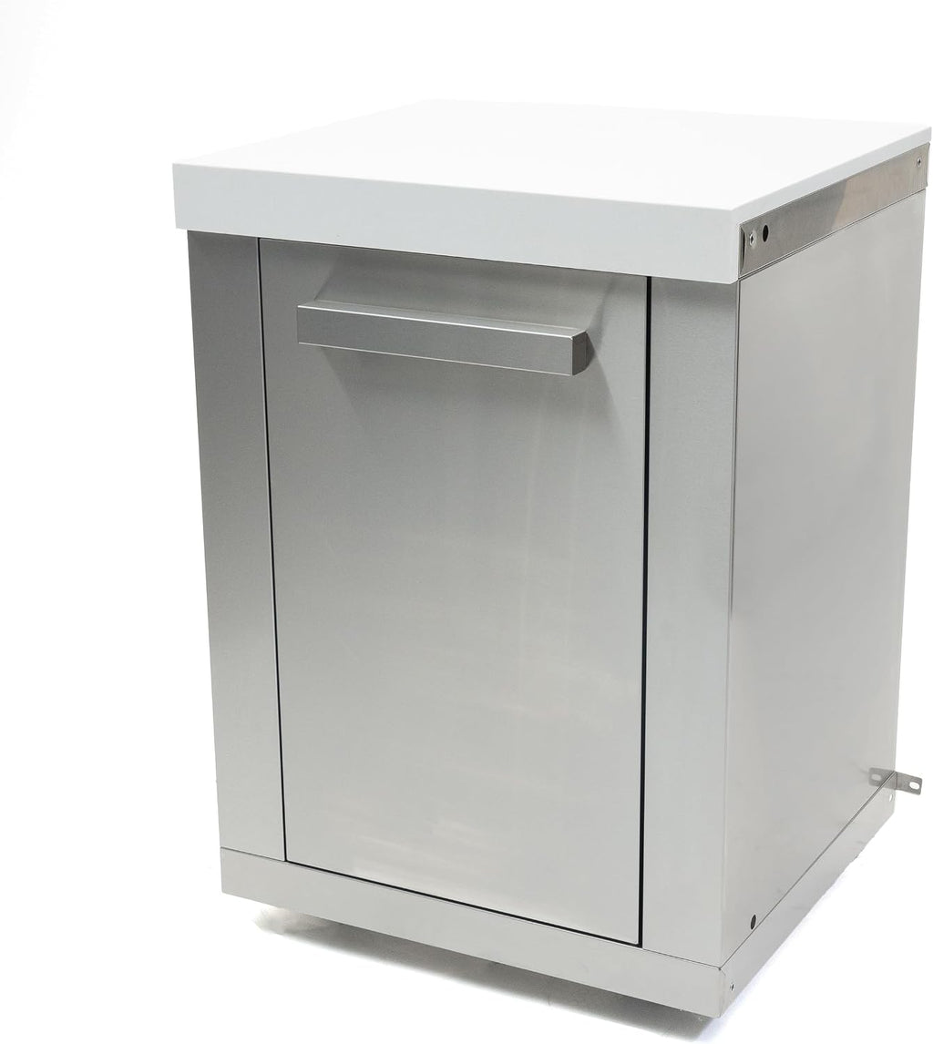 Mont Alpi Premium 25' W Stainless Steel Extra Storage Cabinet Module with Magnetic Door for 805 or 400 Original and Deluxe Series Outdoor Kitchen Island Grills + White Granite Countertops + 2 Shelves