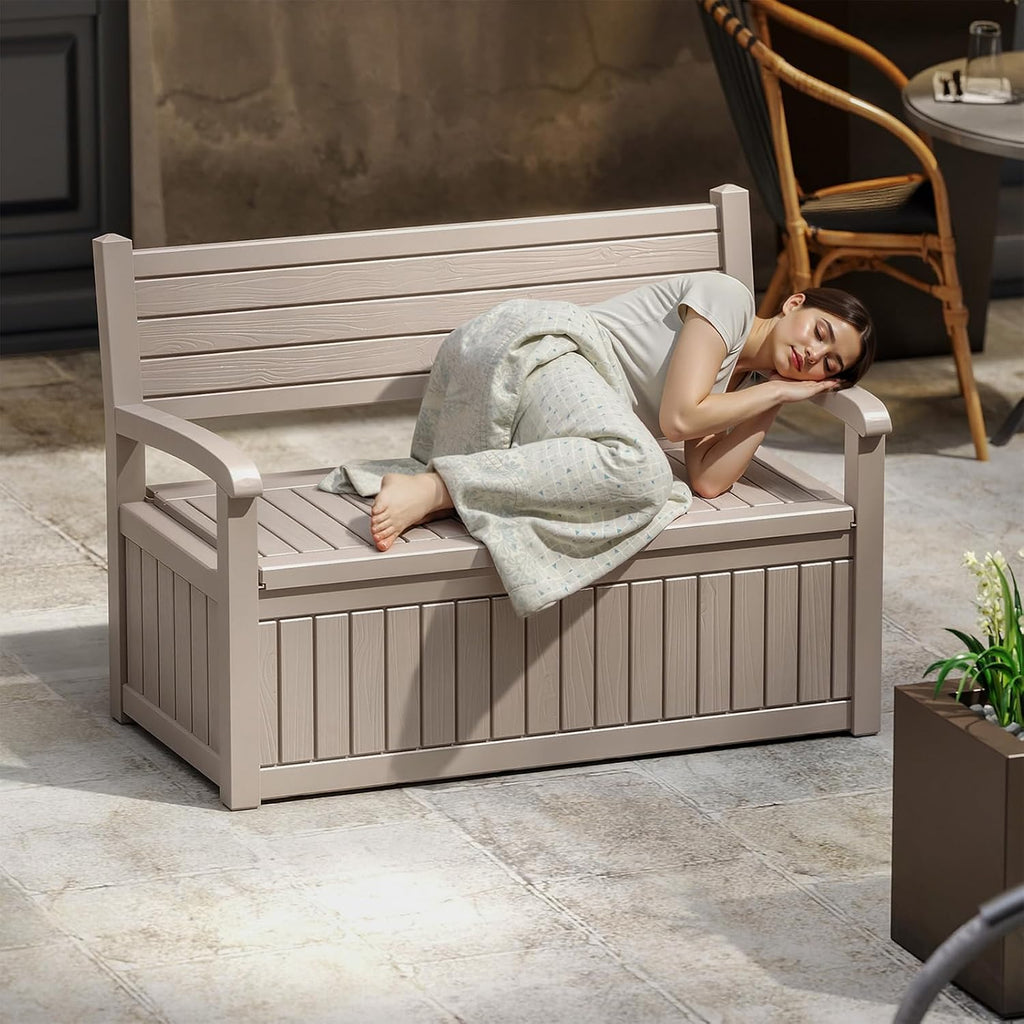 EasyUp 80 Gallon Wood Grain Style Outdoor Storage Bench, Waterproof and Lockable Deck Box Outdoor Storage Furniture for Patio,Garden,and Porch – Perfect for Storing Garden Tools and Cushions(Gray)