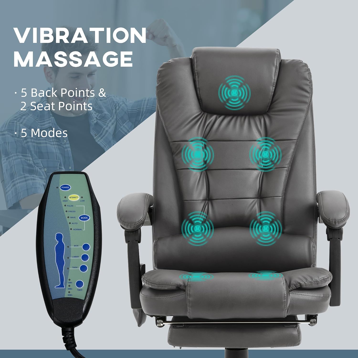Vinsetto 7-Point Vibrating Massage Office Chair, High Back Computer Chair with Lumbar Support, Footrest, Reclining Back, Adjustable Height, Gray