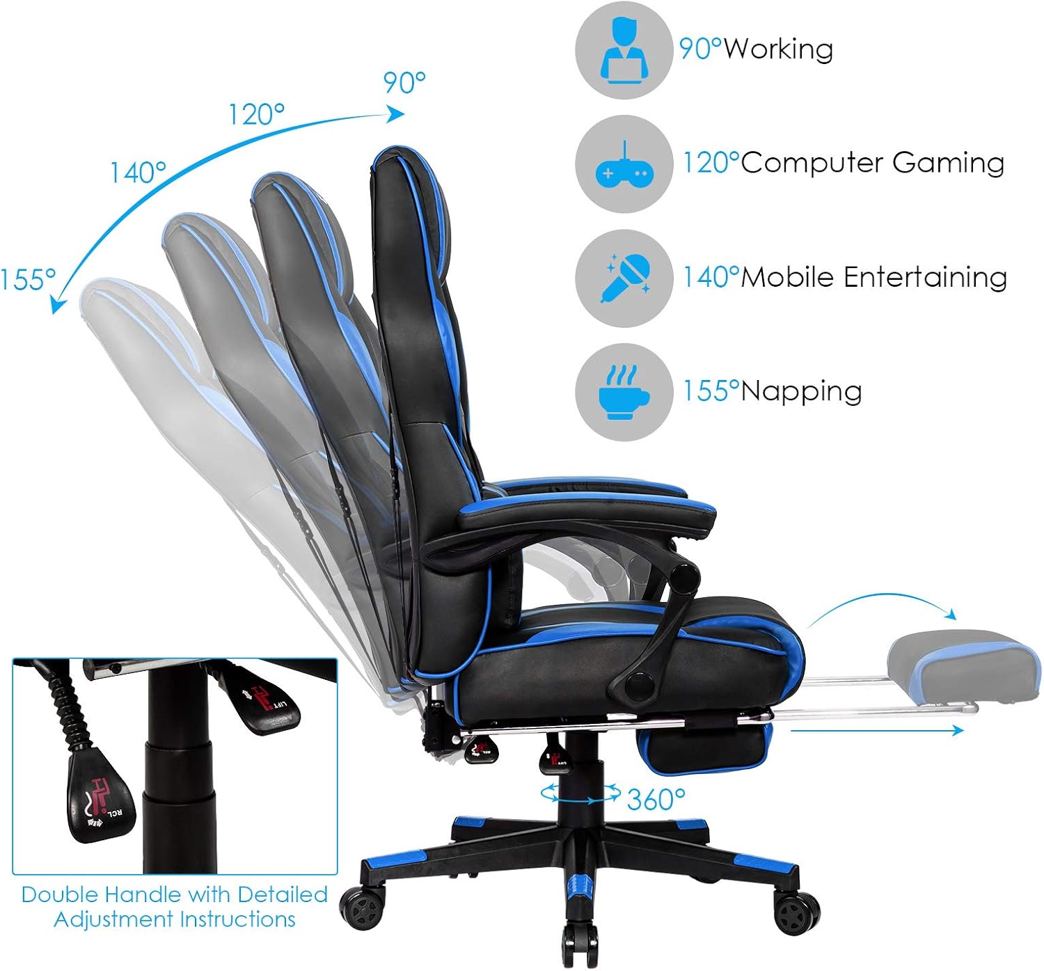 Giantex Ergonomic Gaming Chair, Executive Computer Office Chair with USB Massage Lumbar Cushion and Retractable Footrest, High Back Swivel Chair with Backrest and Height Adjustable (Blue)