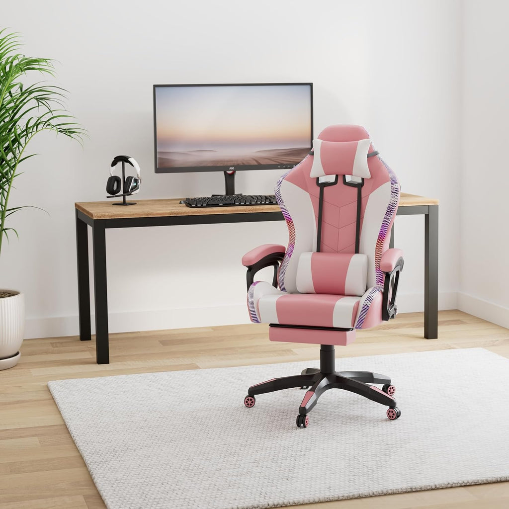 Pink Gaming Chair with Speakers, LED Light Gaming Chair with Full Massage Lumbar Support, Ergonomic Pro Computer Gaming Chairs for Adults with footrest Lumbar Support and Backrest Adjustable,Pink