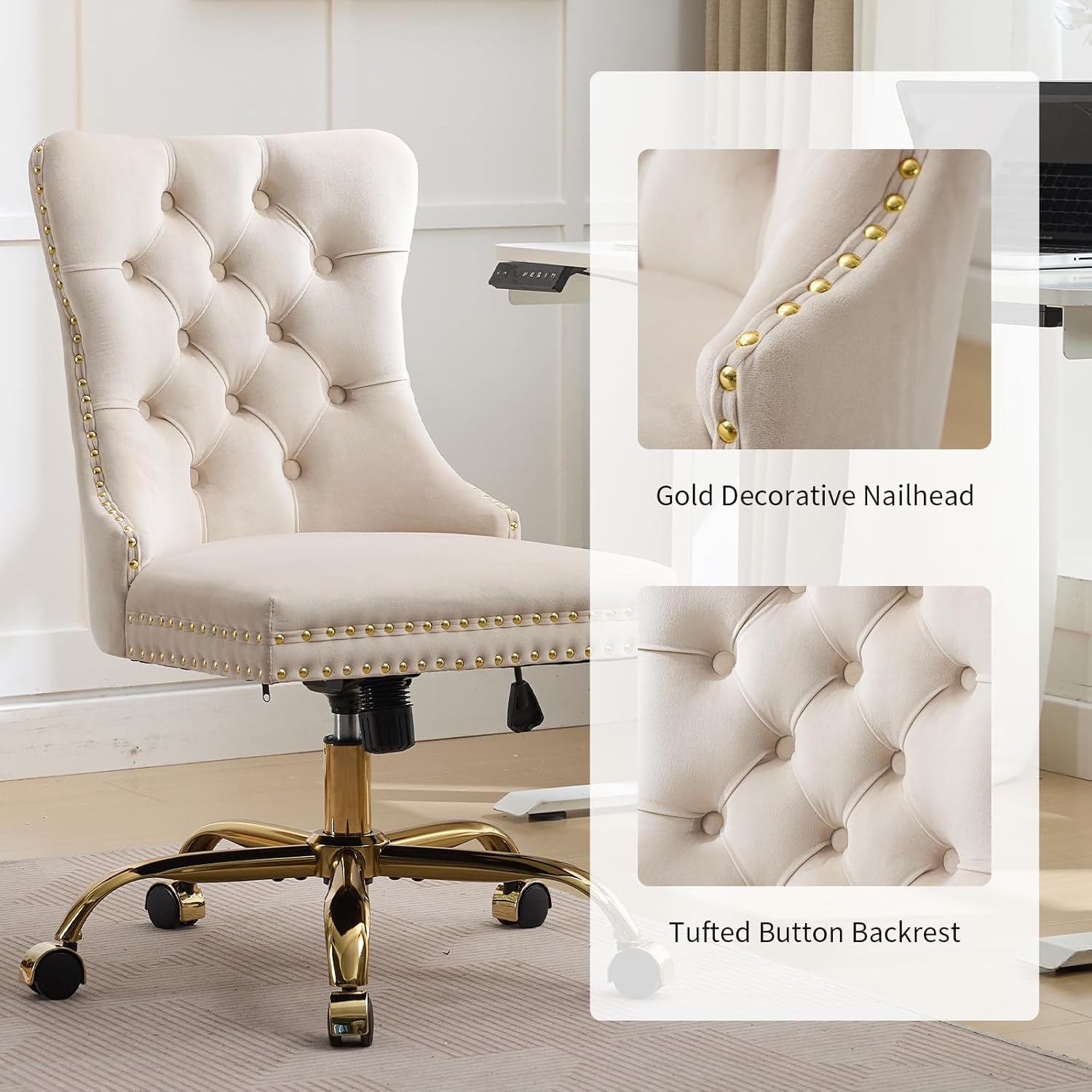 Beige Velvet Home Office Desk Chair with Wheels & Gold Base, Cute Makeup Vanity Chair with Tufted Back for Women Girls, Upholstered Adjustable Swivel Armless Office Chair for Bedroom, Beige