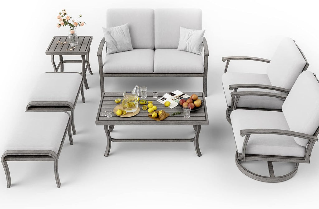 HAPPATIO 7 Piece Aluminum Patio Furniture Set, Outdoor Swivel Armchair with Loveseat, All-Weather Outdoor Sectional Sofa with Side Table and Coffee Table, Garden Conversation Set for Lawn(Gray)