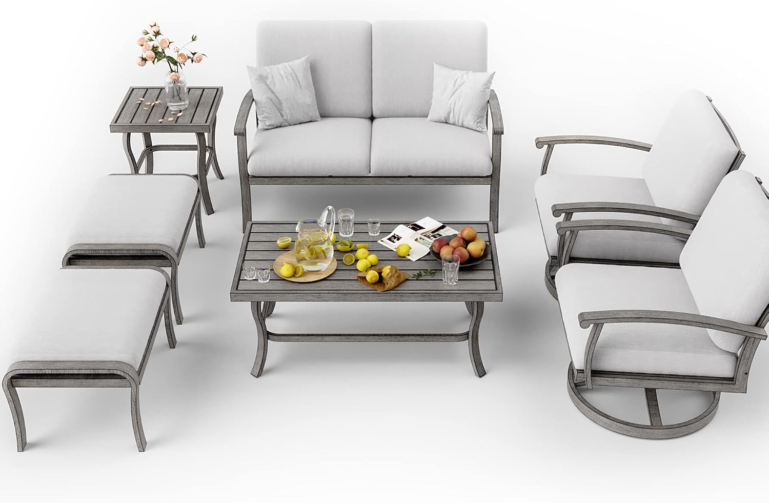 HAPPATIO 7 Piece Aluminum Patio Furniture Set, Outdoor Swivel Armchair with Loveseat, All-Weather Outdoor Sectional Sofa with Side Table and Coffee Table, Garden Conversation Set for Lawn(Gray)