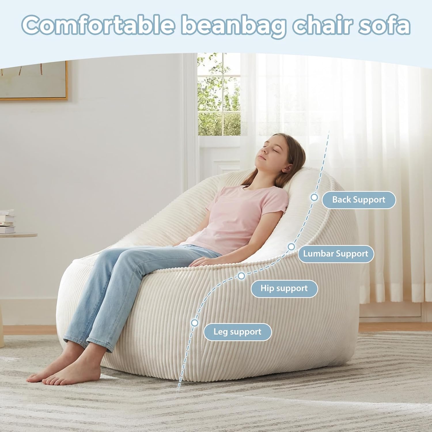 HUGHEAVEN Large Bean Bag Chairs for Kids,Bean Bag Chairs for Kids 8-12,Comfy Bean Bag Sofa with Back Support,Big Bean Bag Couch & Chair for Bedroom, Floor Sofa for Relaxing and Reading,Beige
