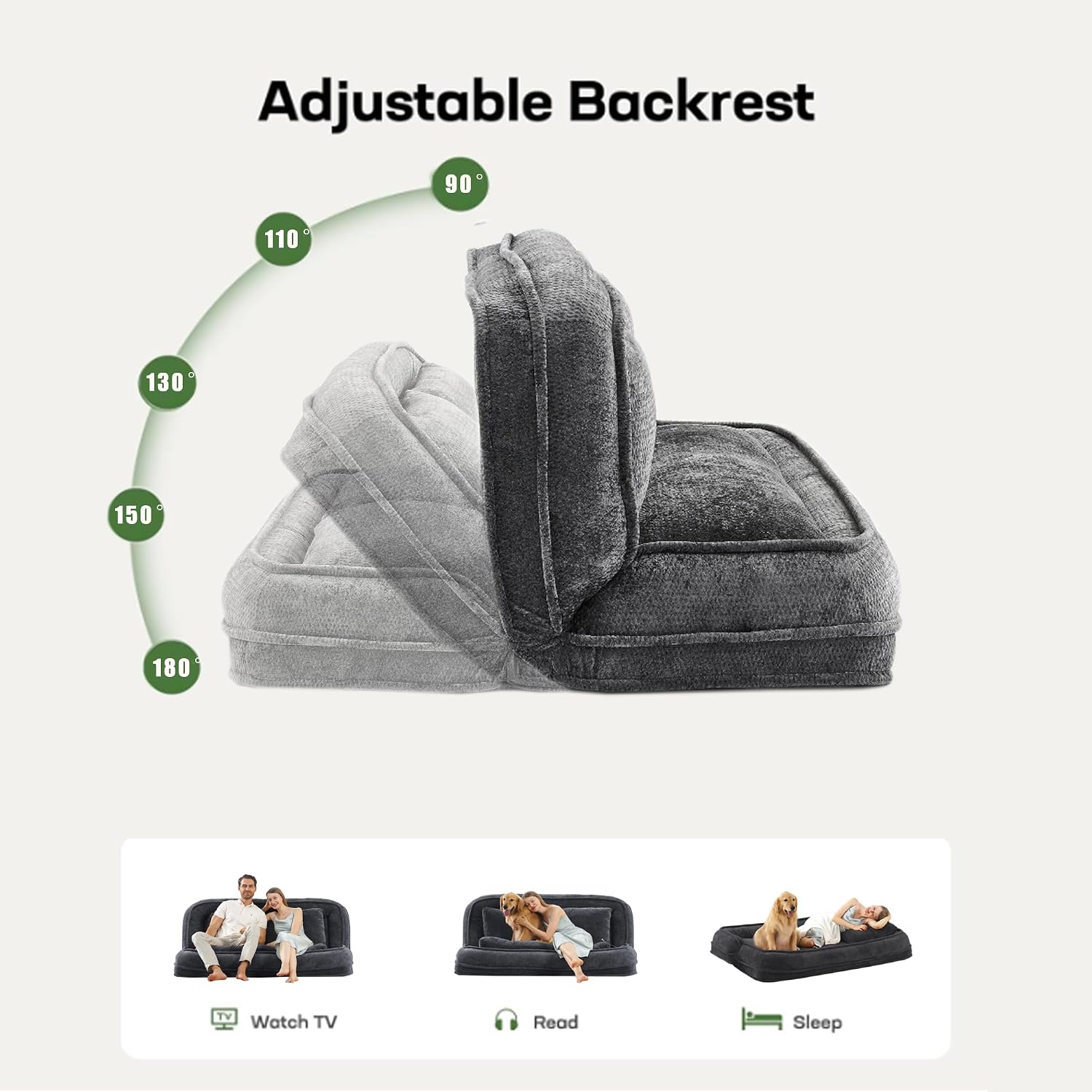Floor Chair with Back Support, Human Dog Bed, Folding Loveseat with 5 Adjustable Position, 2 Pillows, Chenille Meditation Gaming Chair for Lazy Boys, Living Room, Lounge, Bedroom, Dark Grey