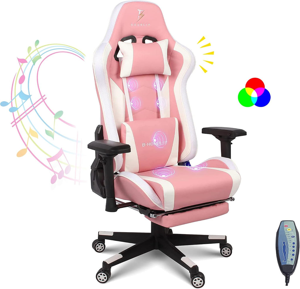 Massage Gaming Chairs with Footrest Video Game Chairs with Speakers and RGB Lights, Ergonomic High Back Computer Chair with Lumbar Support and 4D Handrail PU Leather Gaming Recliner Chair,Pink