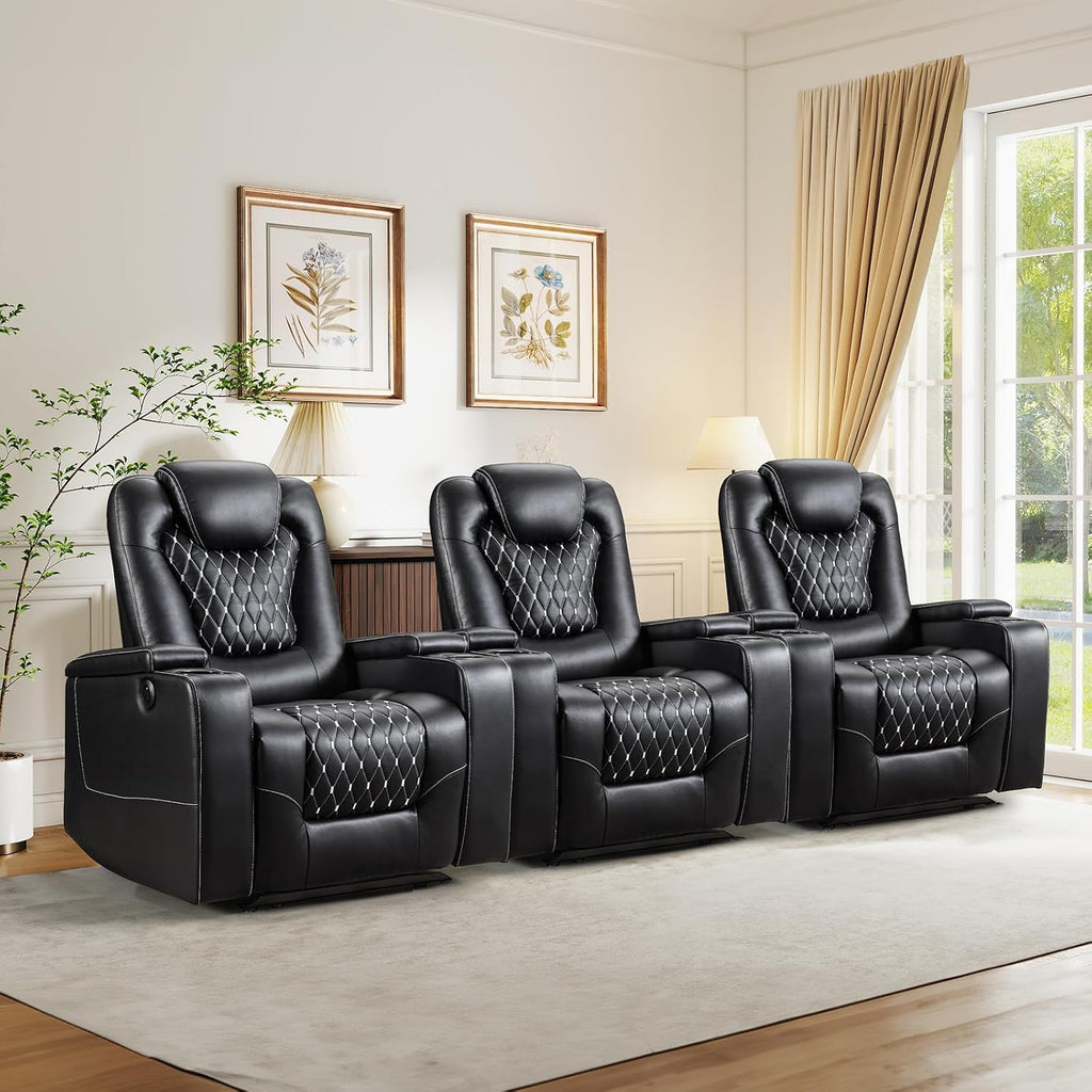 ANJ Power Recliner Chair Set of 3, Electric Soft Faux Leather Reclining Home Faux Theater Seating - USB Ports, Cup Holders, Hidden Arm Storage Movie & Media Room Chairs (Black)