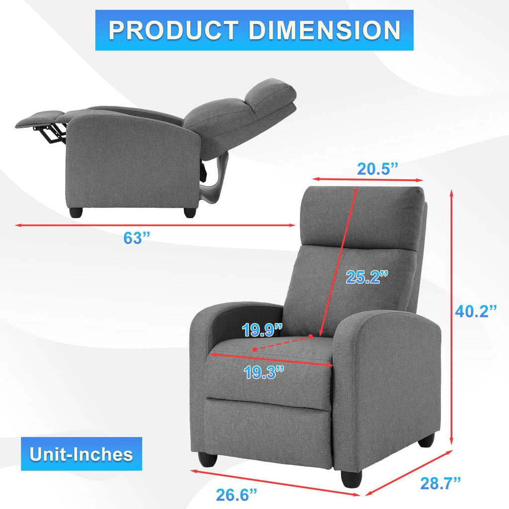 BestMassage | Recliner Chair | No Massage Function | Textile Grey | with Lumbar Support, Adjustable Push Back, Wide Armrests, Footrest & Padded Seat | Easy Assembly | for Living Room, Home Theatre