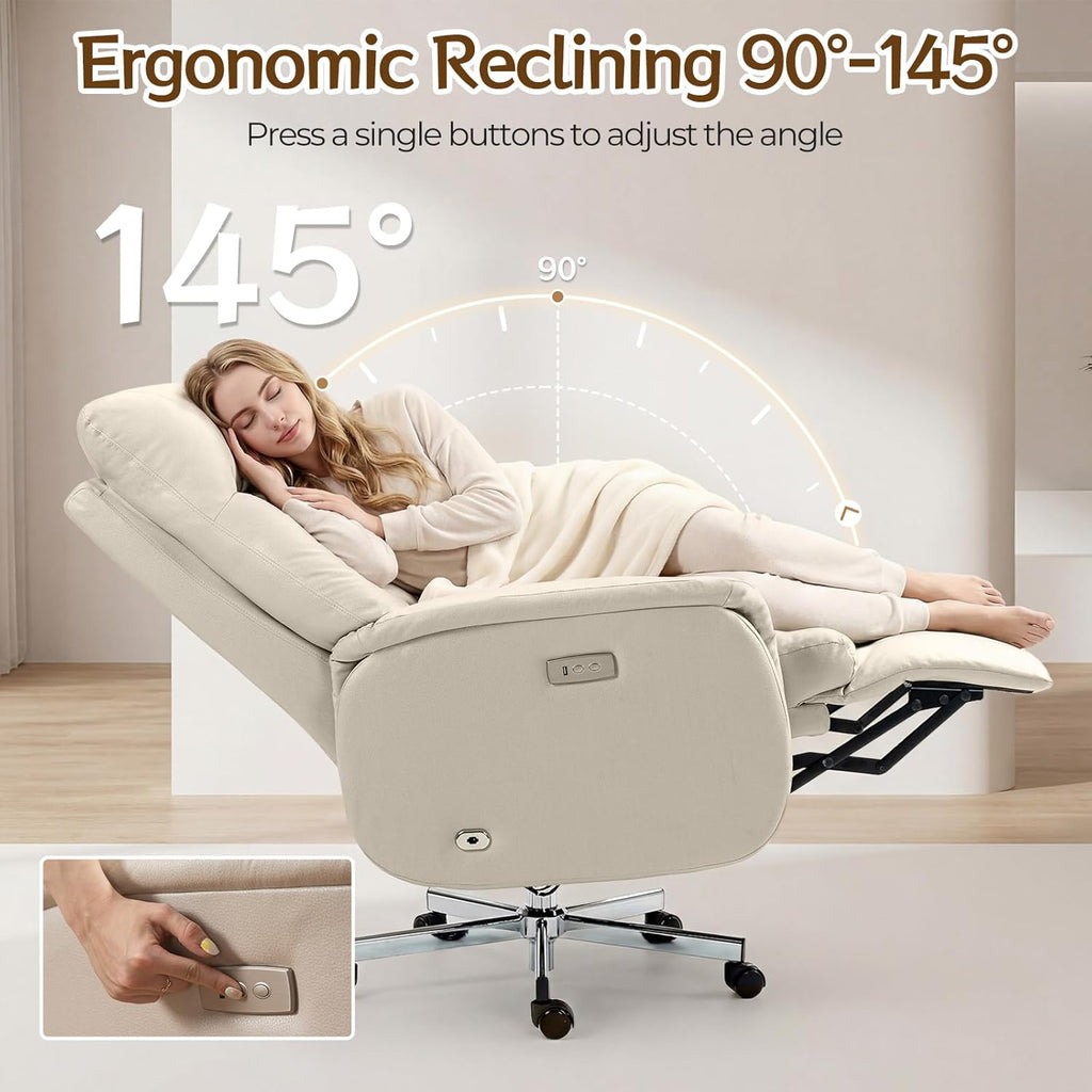 ECOTOUGE Electric Office Chair with USB Charging, Recliner Executive Office Chair with Footrest, Big and Tall High-Back Computer Chair, 400LBS Weight Capacity, Microfiber, Beige